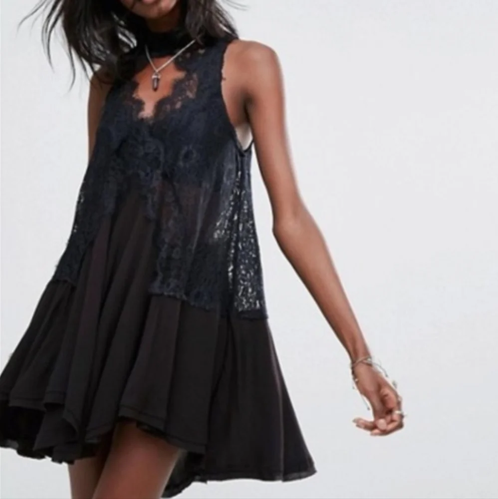 Free People Tell Tale Heart Tunic Mini Dress Swingy Sheer Lace Cutout Blac S NWT - Picture 14 of 16